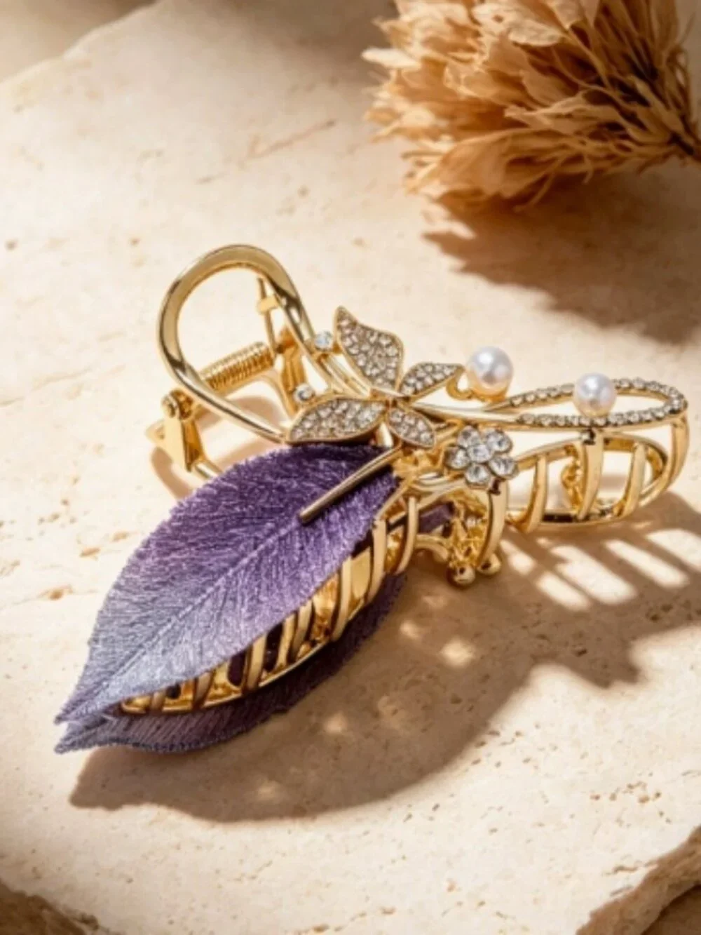 Elegant Purple Leaf Pearl Rhinestone Gold Hair Claw Clip Hair Accessory